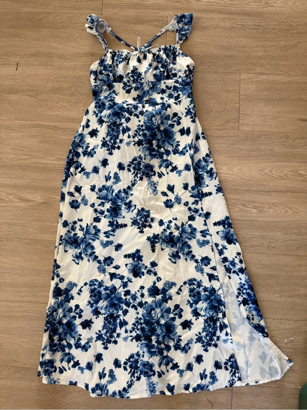White & Blue Floral Maxi Dress with Tie Straps 11Y